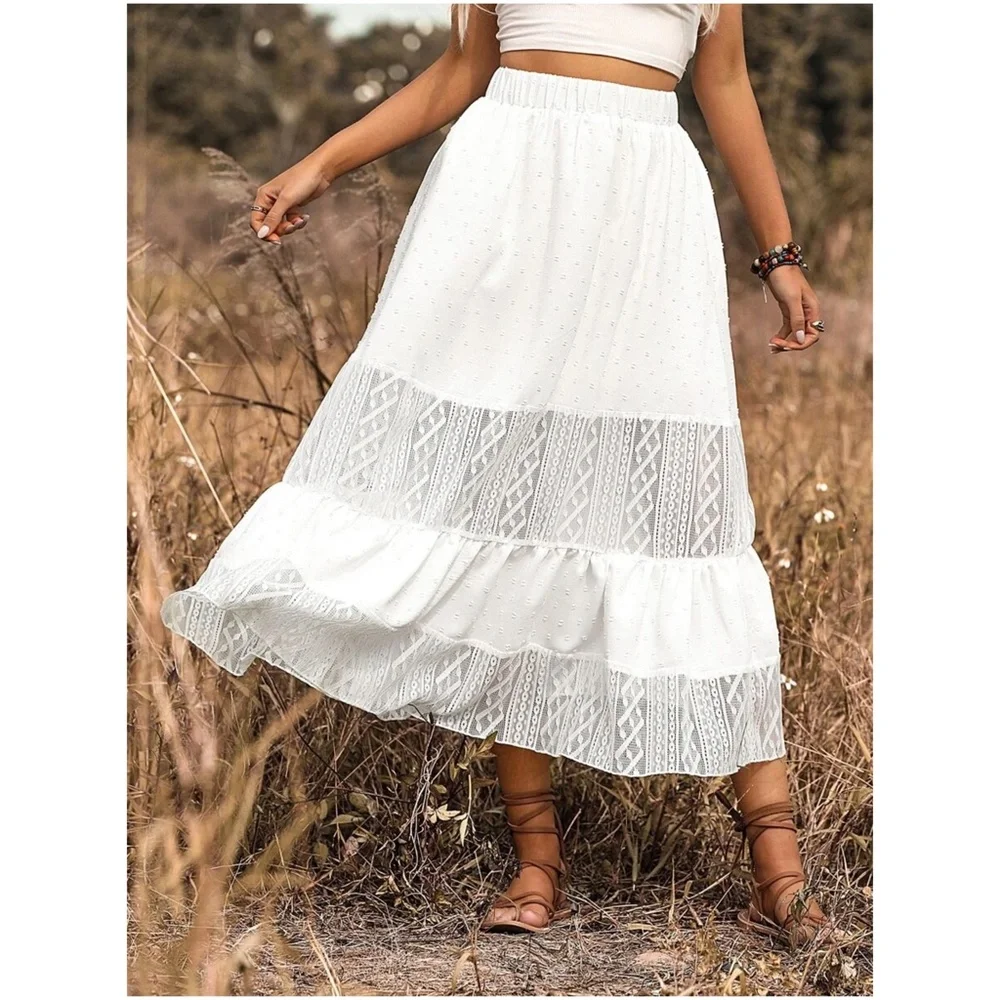 Boho White Lace Ruffle Maxi Skirt - Picture 4 of 4